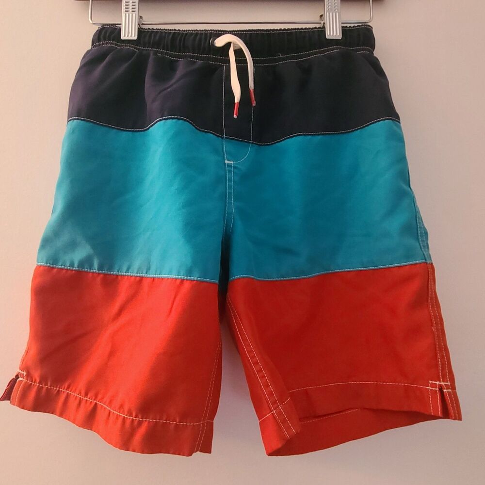 LANDS' END Boys Size M 10-12 Swim Trunks Suit Mesh Lining Red Blue Navy Swimming